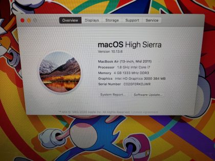 Item Specifics: MPN : MD226LL/AUPC : N/ABrand : AppleProduct Family : MacBook airRelease Year : Mid 2011Screen Size : 13-inchProcessor Type : Intel Core i7Processor Speed : 1.8GHzMemory : 4GB 1333MHz DDR3Storage : 256GB Flash SSDOperating System : 10.13.6 OS X High SierraColor : SilverType : Laptop - 5