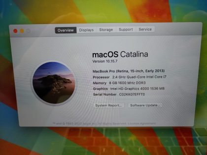 Tested working but the LCD is cracked and has some scratches/nicks. The N key has a litle wear. Also the bottom is missing the rubber feet and has scratches. Catalina (10.15.7) operating system installed. No power cord included. Battery holds a charge and shows normal.Item Specifics: MPN : ME664LL/AUPC : N/ABrand : AppleProduct Family : MacBook ProRelease Year : Early 2013Screen Size : 15-inch RetinaProcessor Type : Intel Core i7Processor Speed : 2.4GHz Quad-CoreMemory : 8GB 1600MHz DDR3Storage : 512GB Flash SSDOperating System : 10.15.7 OS X CatalinaColor : SilverType : Laptop - 8