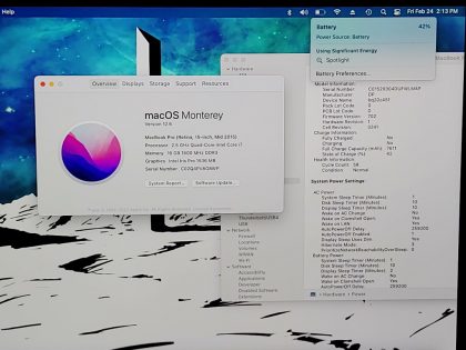 almost a new battery. Operating system password: 123456   Whats not included: No ChargerItem Specifics: MPN : Apple Macbook Pro 15 2015UPC : NABrand : AppleProduct Family : Macbook ProRelease Year : 2015Screen Size : 15 inProcessor Type : Intel Core i7Processor Speed : 2.50 GhzMemory : 16 GBStorage : 512 GBOperating System : Monterey (12.6)Storage Type : SSD (Solid State Drive)Type : Laptop - 4