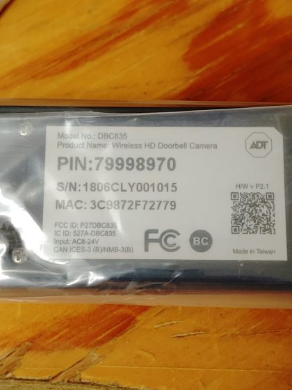 New in box.Item Specifics: MPN : ADT DBC835UPC : Does Not ApplyType : Doorbell CameraConnectivity : WirelessBrand : ADTModel : DBC835 - 6