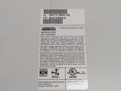 Pulled from a working enviornment. Dual T1/FT1 card included (P/N: 1202872L1). No cables only unit as picturedItem Specifics: MPN : Adtran Netvanta 6355 1200740E1UPC : NABrand : AdtranModel : Netvanta 6355Type : Gigabit Wired Router - 7