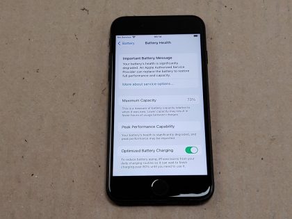 Phone reset to the latest operating system supported (15.7.3). Battery states "service". Phone holds a charge and battery seems to be working but has a 73% health life left.Item Specifics: MPN : MNAY2LL/AUPC : NABrand : AppleModel : iPhone 7Network : UnlockedOperating System : iOSStorage Capacity : 32 GBColor : BlackType : Phone - 11