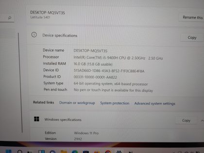 we have added actual images to this listing of the Dell Latitude you would receive. Clean install of Windows 11 Pro Operating system. May have some minor scratches/dents/scuffs. [ What is included: Dell Latitude + Power Adapter + 30-Day Warranty Included ]Item Specifics: MPN : Latitude 5401UPC : N/AType : LaptopBrand : DellProduct Line : LatitudeModel : Latitude 5401Operating System : Windows 11 ProScreen Size : 14-inchProcessor Type : Intel Core i5-9400H 9th GenProcessor Speed : 2.5GHz / 2.50GHzGraphics Processing Type : Intel(R) UHD Graphics 630Memory : 16GBHard Drive Capacity : 256GB SSD - 3