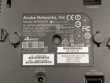 Pulled from a working enviornmentItem Specifics: MPN : Aruba IAP-205-USUPC : NABrand : ArubaModel : IAP-205-USNetwork Connectivity : WirelessType : Access Point - 4