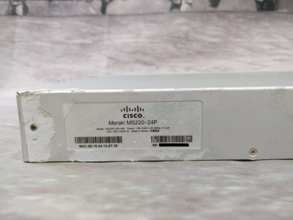 Good condition! Tested and pulled from a working environment! There is some sticker adhesive on the unit but this does not effect the performance. There is cosmetic scratches and scuffs from normal use.  **NO POWER ADAPTER INCLUDED**Item Specifics: MPN : MS220-24P-HWUPC : N/AType : Ethernet SwitchForm Factor : Rack MountableBrand : Cisco MerakiModel : MS220-24P-HWNetwork Management Type : Fully ManagedNetwork Connectivity : Wired-Ethernet (RJ-45)Number of LAN Ports : 24 - 4