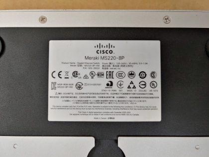 Good condition! Tested and pulled from a working environment! Little bit of adheisive residue  **NO POWER ADAPTER INCLUDED**Item Specifics: MPN : MS220-8PUPC : N/AType : Ethernet SwitchBrand : Cisco MerakiModel : MS220-8PNetwork Management Type : Fully ManagedNumber of LAN Ports : 8 - 7