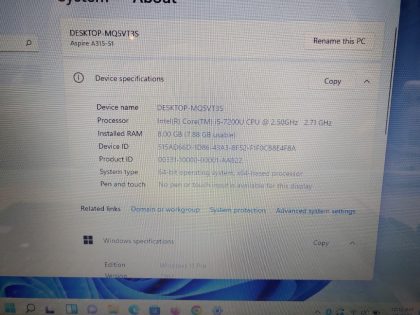 we have added actual images to this listing of the Acer Aspire you would receive. Clean install of Windows 11 Pro Operating system. May have some minor scratches/dents/scuffs. [ What is included: Acer Aspire + Power Adapter + 30-Day Warranty Included ]Item Specifics: MPN : Aspire A315-51UPC : N/AType : LaptopBrand : AcerProduct Line : AspireModel : Aspire A315-51Operating System : Windows 11 ProScreen Size : 15.6-inchProcessor Type : Intel Core i5-7200U 7th GenProcessor Speed : 2.50GHz / 2.71GHzGraphics Processing Type : Intel(R) HD Graphics 620Memory : 8GBHard Drive Capacity : 256GB SSD - 3