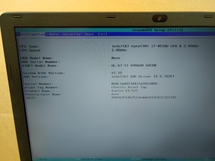 **NO POWER ADAPTER/ NO HDD**  Missing most the screws in the bottom. The plastic over the vent is damaged (View image 8). The LCD or LCD cable has an issue