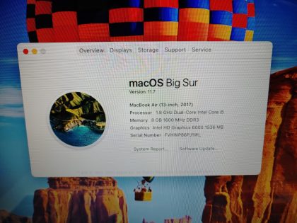 we have added actual images to this listing of the Apple MacBook Air you would receive. Clean install of 11.7 (Big Sur) Operating system. May have some minor scratches/dents/scuffs. OSX Default Password: 123456. [ What is included: Apple MacBook Air + Power Cord + 30-Day Warranty Included ]Item Specifics: MPN : MQD32LL/AUPC : N/ABrand : AppleProduct Family : MacBook AirRelease Year : 2017Screen Size : 13.3-inchProcessor Type : Intel Core i5Processor Speed : 1.8GHz Dual-CoreMemory : 8GB 1600MHz DDR3Storage : 256GB Flash SSDOperating System : 11.7 OS X Big SurColor : SilverType : Laptop - 3