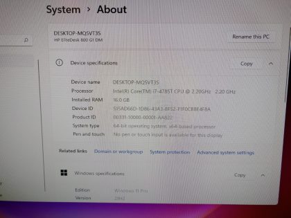 we have added actual images to this listing of the HP EliteDesk you would receive. Clean install of Windows 11 Pro Operating system. May have some minor scratches/dents/scuffs. [ What is included: HP EliteDesk + Power Adapter + 30-Day Warranty Included ]”Item Specifics: MPN : EliteDesk 800 G1 DM MiniUPC : N/ABrand : HPProduct Line : EliteDeskModel : EliteDesk 800 G1 DM MiniOperating System : Windows 11 ProScreen Size : N/AProcessor Type : Intel Core i7-4785T 8th GenProcessor Speed : 2.20GHz / 2.20GHzStorage : 256GB SSDMemory : 16GBType : DesktopBundled Item(s) : Power Adapter - 2
