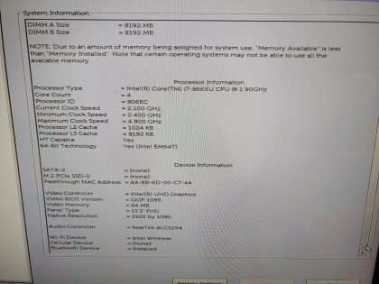 The palmrest and keyboard have some wear (View image 4). There is a tiny line of wear on the screen (View image 9 ). Tested and Working as it should. Boots to the BIOs. May have a few minor cosmetic scratches/scuffs. For your help