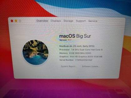 we have added actual images to this listing of the Apple MacBook Air you would receive. Clean install of 11.7 (Big Sur) Operating system. May have some minor scratches/dents/scuffs. OSX Default Password: 123456. [ What is included: Apple MacBook Air + Power Cord + 30-Day Warranty Included ]Item Specifics: MPN : MJVE2LL/AUPC : N/ABrand : AppleProduct Family : MacBook AirRelease Year : Early 2015Screen Size : 13.3-inchProcessor Type : Intel Core i5Processor Speed : 1.6GHz Dual-CoreMemory : 8GB 1600MHz DDR3Storage : 256GB Flash SSDOperating System : 11.7 OS X Big SurColor : SilverType : Laptop - 3