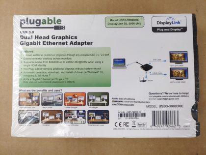 Brand NEW SEALEDItem Specifics: MPN : USB3-3900DHEUPC : 649241924623Type : DVI AdapterConnector A : USB 3.0Brand : PlugableModel : USB3-3900DHE - 5