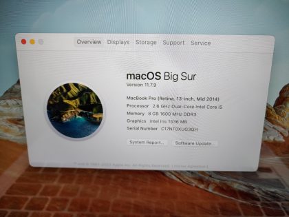 we have added actual images to this listing of the Apple MacBook Pro you would receive. Clean install of 11.7.9 (Big Sur) Operating system. May have some minor scratches/dents/scuffs. OSX Default Password: 123456. [ What is included: Apple MacBook Pro + Power Cord + 30-Day Warranty Included ]Item Specifics: MPN : MGX72LL/AUPC : N/ABrand : AppleProduct Family : MacBook ProRelease Year : Mid 2014Screen Size : 13-inch RetinaProcessor Type : Intel Core i5Processor Speed : 2.6GHz Dual-CoreMemory : 8GB 1600MHz DDR3Storage : 128GB Flash SSDOperating System : 11.7.9 OS X Big SurColor : SilverType : Laptop - 3