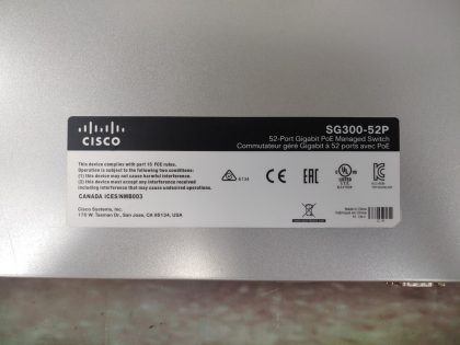 Great Condition! Tested and working as it should! Pulled from a working environment! May have a minor scratch/scuff from normal use. **POWER CORD INCLUDED**Item Specifics: MPN : SG300-52PUPC : N/AType : Ethernet SwitchForm Factor : Rack-MountableBrand : CiscoModel : SG300-52PNetwork Management Type : Fully ManagedNumber of LAN Ports : 52 - 10