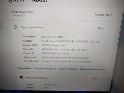 we have added actual images to this listing of the Dell Latitude you would receive. Clean install of Windows 11 Pro Operating system. May have some minor scratches/dents/scuffs. [ What is included: Dell Latitude + Power Adapter + 30-Day Warranty Included ]Item Specifics: MPN : Latitude 5501UPC : N/AType : LaptopBrand : DellProduct Line : LatitudeModel : Latitude 5501Operating System : Windows 11 ProScreen Size : 15.6-inch Processor Type : Intel Core i7-9850H 9th GenProcessor Speed : 2.60GHz / 2.59GHzGraphics Processing Type : NVIDIA GeForce MX150 / Intel(R) UHD Graphics 630Memory : 16GBHard Drive Capacity : 512GB M.2 SSD - 3