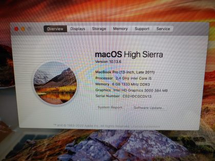 we have added actual images to this listing of the Apple MacBook Pro you would receive. Clean install of 10.13.6 (High Sierra) Operating system. May have some minor scratches/dents/scuffs. OSX Default Password: 123456. [ What is included: Apple MacBook Pro + Power Cord + 30-Day Warranty Included ]Item Specifics: MPN : MD313LL/AUPC : N/ABrand : AppleProduct Family : MacBook ProRelease Year : Late 2011Screen Size : 13-inchProcessor Type : Intel Core i5Processor Speed : 2.4GHzMemory : 6GB 1333MHz DDR3Storage : 128GB SSDOperating System : 10.13.6 OS X High SierraColor : SilverType : Laptop - 3