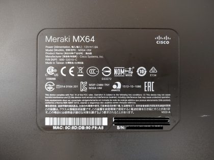 **UNCLAIMED** *MISSING ONE RUBBER FOOT ON THE BOTTOM* Good Condition! Tested and pulled from a working environment! **NO POWER ADAPTER INCLUDED**Item Specifics: MPN : MX64-HWUPC : N/AType : FirewallBrand : CiscoModel : MX64-HWNetwork Connectivity : Wired-Ethernet (RJ-45)Max. Firewall Throughput : 250 MbpsMax. VPN Throughput : 70 MbpsMax. Simultaneous VPN Tunnels : 25 - 7