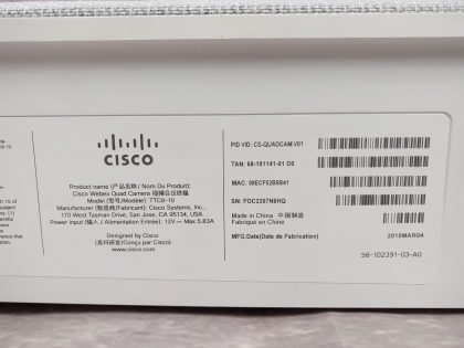 Good condition! Tested and working as it should. Pulled from a working environment! May have a minor cosmetic scratch/scuff from normal use. **NO POWER ADAPTER OR MOUNTING BRACKET INCLUDED**Item Specifics: MPN : CS-QUADCAMUPC : N/AType : Video ConferencingBrand : CiscoModel : CS-QUADCAM V01 / TTC8-10Series : Cisco Webex - 5