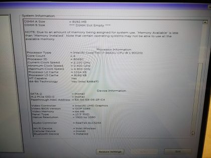 and some wear from the keyboard (View image 8). Touch still works as it should. Battery states POOR and loses charge quickly. There is a tiny crack in the plastic in the bottom corner of the screen (View image 9). Tested and Working as it should. Boots to the BIOs. May have a few minor cosmetic scratches/scuffs. For your help