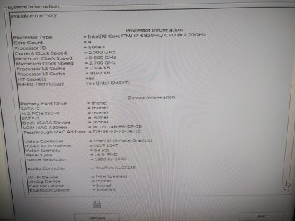 and the backlight is out so you can hardly see the words. Had to output to an external monitor for the specs (View image 7) **THERE IS A BIOS PASSWORD** The power button is pushed in a little but still works as it should. There is a cosmetic crack on the left side of the bottom (View image 8). Tested and Working as it should. Boots to the BIOs. May have a few minor cosmetic scratches/scuffs. For your help