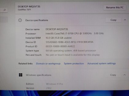 we have added actual images to this listing of the Dell OptiPlex you would receive. Clean install of Windows 11 Pro Operating system. May have some minor scratches/dents/scuffs. [ What is included: Dell OptiPlex + Power Cord + 30-Day Warranty Included ]Item Specifics: MPN : OptiPlex 7071UPC : N/ABrand : DellProduct Line : OptiPlexModel : OptiPlex 7071Operating System : Windows 11 Pro x64Screen Size : N/AProcessor Type : Intel Core i7-9700 9th GenProcessor Speed : 3.00GHz / 3.00GHzType : DesktopMemory : 16GBHard Drive Capacity : 256GB M.2 SSD / 500GB 7200RPM HDDGraphics Processing Type : Radeon RX550/550 Series - 2