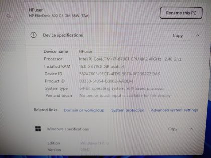 please use any TV or Monitor of your choice with this HP EliteDesk. For your help we have added actual images to this listing of the HP EliteDesk you would receive. Clean install of Windows 11 Pro Operating system. May have some minor scratches/dents/scuffs. [ What is included: HP EliteDesk + OEM 65W Power Cord + 30-Day Warranty Included ]Item Specifics: MPN : EliteDesk 800 G4UPC : N/ABrand : HPProduct Line : EliteDeskModel : EliteDesk 800 G4 DM 35WOperating System : Windows 11 Pro x64Screen Size : N/AProcessor Type : Intel Core i7-8700T 8th GenProcessor Speed : 2.40GHz / 2.40GHzType : DesktopMemory : 16GBHard Drive Capacity : 240GB SSDOperating System Edition : Windows 11 Pro - 3