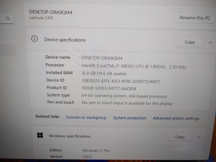 we have added actual images to this listing of the Dell Latitude you would receive. Clean install of Windows 11 Pro Operating system. May have some minor scratches/dents/scuffs. [ What is included: Dell Latitude ]Item Specifics: MPN : Latitude 5410UPC : N/AType : LaptopBrand : DellProduct Line : LatitudeModel : Latitude 5410Operating System : Windows 11 Pro x64Screen Size : 14-inchProcessor Type : Intel Core i7-10610U 10th GenProcessor Speed : 1.80GHz / 2.30GHzGraphics Processing Type : Intel(R) UHD GraphicsMemory : 16GBHard Drive Capacity : 256GB M.2 SSD - 3