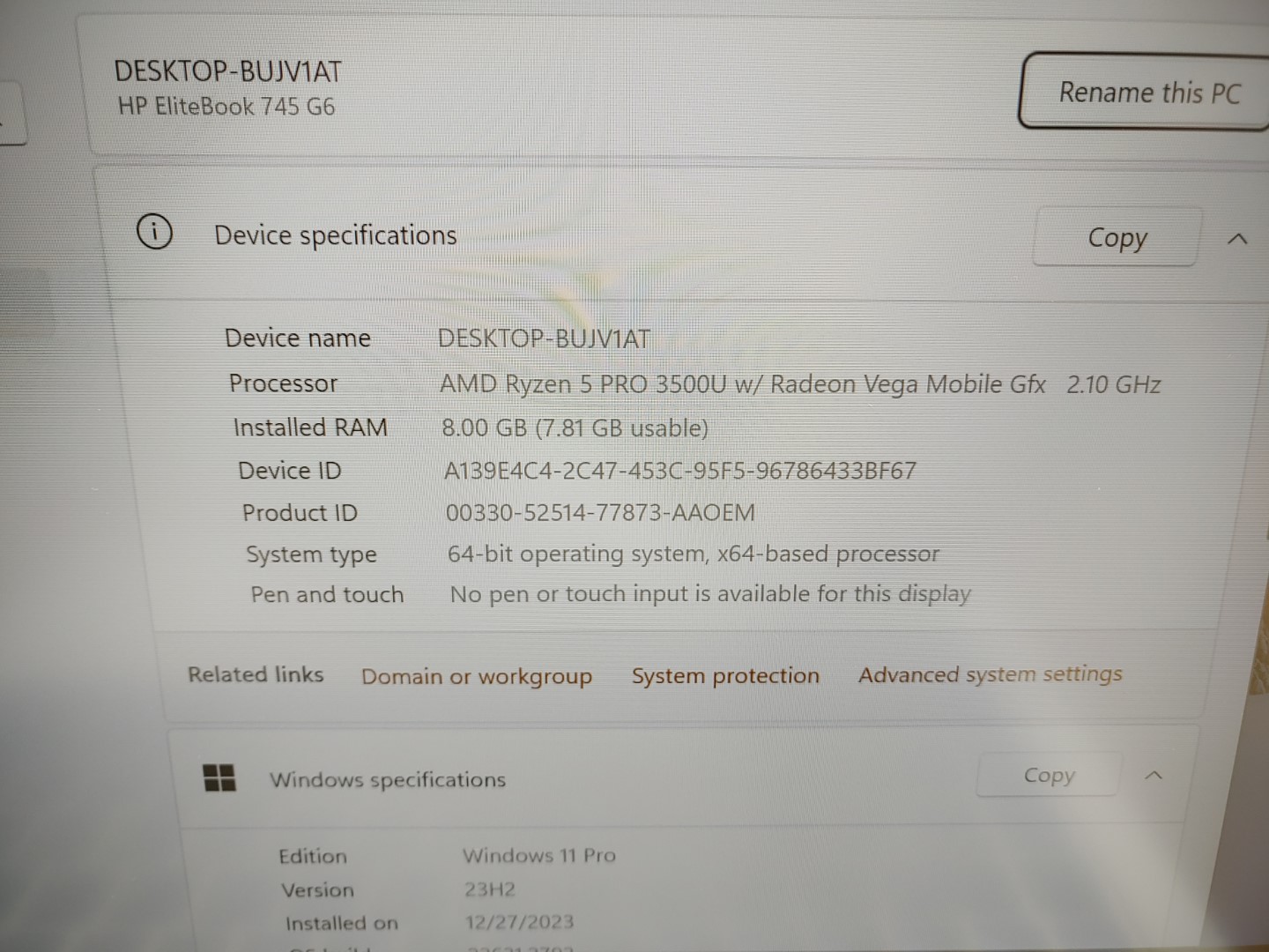 HP EliteBook 745 G6 14 AMD Ryzen 5 PRO 3500U 8GB 256GB SSD