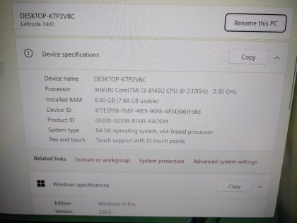 we have added actual images to this listing of the Dell Latitude you would receive. Clean install of Windows 11 Pro Operating system. May have some minor scratches/dents/scuffs. [ What is included: Dell Latitude ]Item Specifics: MPN : Latitude 3400UPC : N/AType : LaptopBrand : DellProduct Line : LatitudeModel : Latitude 3400Operating System : Windows 11 Pro x64Screen Size : 14-inch TouchscreenProcessor Type : Intel Core i3-8145U 8th GenProcessor Speed : 2.10GHz / 2.30GHzGraphics Processing Type : Intel(R) UHD Graphics 620Memory : 8GBHard Drive Capacity : 256GB SSD - 3