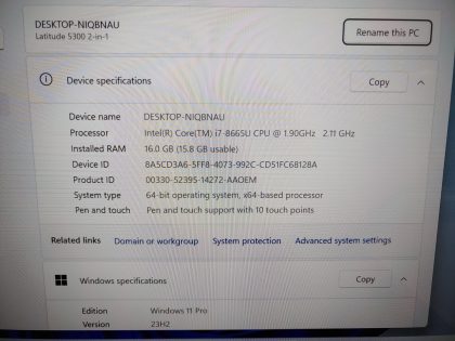 we have added actual images to this listing of the Dell Latitude you would receive. Clean install of Windows 11 Pro Operating system. May have some minor scratches/dents/scuffs. [ What is included: Dell Latitude ]Item Specifics: MPN : Latitude 5300 2-in-1UPC : N/AType : LaptopBrand : DellProduct Line : LatitudeModel : Latitude 5300 2-in-1Operating System : Windows 11 Pro x64Screen Size : 13.3-inch TouchscreenProcessor Type : Intel Core i7-8665U 8th GenProcessor Speed : 1.90GHz / 2.11GHzGraphics Processing Type : Intel(R) UHD Graphics 620Memory : 16GBHard Drive Capacity : 256GB SSD - 3