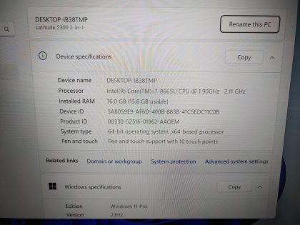 we have added actual images to this listing of the Dell Latitude you would receive. Clean install of Windows 11 Pro Operating system. May have some minor scratches/dents/scuffs. [ What is included: Dell Latitude ]Item Specifics: MPN : Latitude 5300 2-in-1UPC : N/AType : LaptopBrand : DellProduct Line : LatitudeModel : Latitude 5300 2-in-1Operating System : Windows 11 Pro x64Screen Size : 13.3-inch TouchscreenProcessor Type : Intel Core i7-8665U 8th GenProcessor Speed : 1.90GHz / 2.11GHzGraphics Processing Type : Intel(R) UHD Graphics 620Memory : 16GBHard Drive Capacity : 256GB SSD - 3