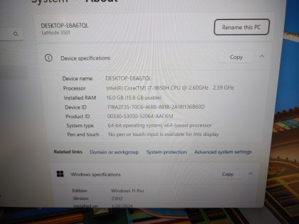Item Specifics: MPN : Latitude 5501UPC : N/AType : LaptopBrand : DellProduct Line : LatitudeModel : Latitude 5501Operating System : Windows 11 Pro x64Screen Size : 15.6-inchProcessor Type : Intel Core i7-9850H 9th GenProcessor Speed : 2.60GHz / 2.59GHzGraphics Processing Type : NVIDIA GeForce MX150 / Intel(R) UHD Graphics 630Memory : 16GBHard Drive Capacity : 512GB SSD - 2