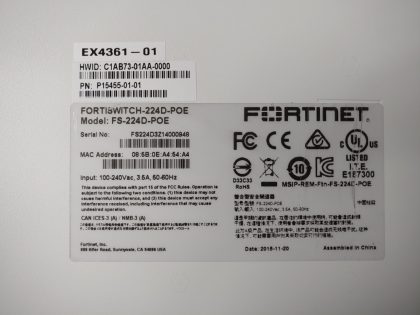 Great condition! Tested and pulled from a working environment! **POWER CORD INCLUDED**Item Specifics: MPN : FS-224D-POEUPC : N/AType : Network SwitchForm Factor : Rack-MountableBrand : FortinetModel : FS-224D-POENetwork Management Type : Fully ManagedNetwork Connectivity : Wired-Ethernet (RJ-45)Number of LAN Ports : 24Ethernet Technology : Gigabit Ethernet (1000-Mbit/s) - 9