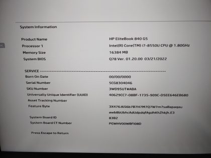 we have added actual images to this listing of the HP EliteBook you would receive. **NO POWER ADAPTER / NO SSD or HDD/ NO OS/ NO BATTERY**Item Specifics: MPN : EliteBook 840 G5UPC : N/AType : LaptopBrand : HPProduct Line : EliteBookModel : EliteBook 840 G5Operating System : N/AScreen Size : 14-inchProcessor Type : Intel Core i7-8550U 8th GenProcessor Speed : 1.80GHzMemory : 16GBHard Drive Capacity : N/A - 5