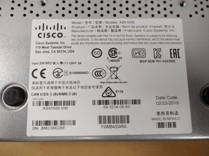 Good Condition! Tested and pulled from a working environment! **NO POWER ADAPTER INCLUDED**Item Specifics: MPN : ASA 5506-XUPC : N/AType : FirewallForm Factor : Stand AloneBrand : CiscoModel : ASA 5506-X (ASA5506) - 7