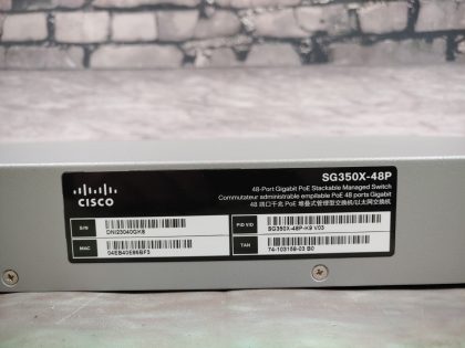 Great Condition! Tested and pulled from a working environment! **POWER CORD INCLUDED**Item Specifics: MPN : SG350X-48P-K9UPC : N/AType : Ethernet SwitchForm Factor : Rack-MountableBrand : CiscoModel : SG350X-48P-K9 V03Network Management Type : Fully ManagedNumber of LAN Ports : 48Max. Data Transfer Rate : 1 Gbps - 8