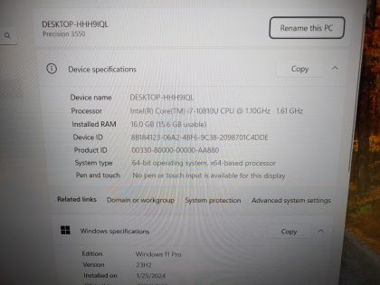 we have added actual images to this listing of the Dell Precision you would receive. Clean install of Windows 11 Pro Operating system. May have some minor scratches/dents/scuffs. [ What is included: Dell Precision + Power Adapter + 30-Day Warranty Included ]Item Specifics: MPN : Precision 3550UPC : N/AType : LaptopBrand : DellProduct Line : PrecisionModel : Precision 3550Operating System : Windows 11 Pro x64Screen Size : 15.6-inchProcessor Type : Intel Core i7-10810U 10th GenProcessor Speed : 1.10GHz / 1.61GHzGraphics Processing Type : NVIDIA Quadro P520 / Intel(R) UHD GraphicsMemory : 16GBHard Drive Capacity : 512GB SSD - 3