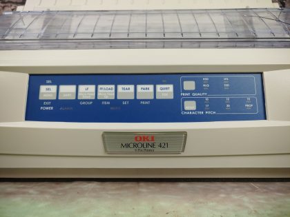 and where the tab hooks in has a small crack (View image 11). Overall in good working condition! Tested and pulled from a working environment! **POWER CORD INCLUDED**Item Specifics: MPN : MICROLINE 421UPC : N/ATechnology : Dot MatrixPrinter Type : Dot MatrixOutput Type : Black and WhiteBrand : OKIModel : MICROLINE 421Product Line : OKI MicrolineType : Printer - 1