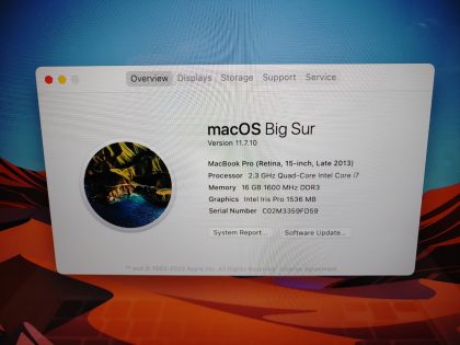 we have added actual images to this listing of the Apple MacBook Pro you would receive. Clean install of 11.7.10 (Big Sur) Operating system. May have some minor scratches/dents/scuffs. OSX Default Password: 123456. [ What is included: Apple MacBook Pro ]Item Specifics: MPN : ME294LL/AUPC : N/ABrand : AppleProduct Family : MacBook ProRelease Year : Late 2013Screen Size : 15.4-inch Retina (2880x1800)Processor Type : Intel Core i7-4850HQ 4th GenProcessor Speed : 2.3GHz Quad-CoreMemory : 16GB 1600MHz DDR3Storage : 128GB Flash SSDOperating System : 11.7.10 OS X Big SurColor : SilverType : Laptop - 3
