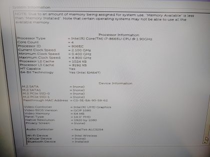 we have added actual images to this listing of the Dell Latitude you would receive. **NO POWER ADAPTER / NO SSD or HDD/ NO OS/ NO BATTERY**Item Specifics: MPN : Latitude 7400UPC : N/AType : LaptopBrand : DellProduct Line : LatitudeModel : Latitude 7400Operating System : N/AScreen Size : 14-inchProcessor Type : Intel Core i7-8665U 8th GenProcessor Speed : 1.90GHzGraphics Processing Type : Intel(R) UHD GraphicsMemory : 4GBHard Drive Capacity : N/A - 5