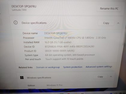we have added actual images to this listing of the Dell Latitude you would receive. Clean install of Windows 11 Pro Operating system. May have some minor scratches/dents/scuffs. [ What is included: Dell Latitude ]Item Specifics: MPN : Latitude 7410UPC : N/AType : LaptopBrand : DellProduct Line : LatitudeModel : Latitude 7410Operating System : Windows 11 Pro x64Screen Size : 14-inch TouchscreenProcessor Type : Intel Core i7-10610U 10th GenProcessor Speed : 1.80GHz / 2.30GHzGraphics Processing Type : Intel(R) UHD GraphicsMemory : 16GBHard Drive Capacity : 256GB SSD - 4