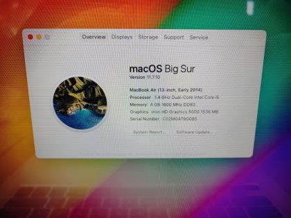 we have added actual images to this listing of the Apple MacBook Air you would receive. Clean install of 11.7.10 (Big Sur) Operating system. May have some minor scratches/dents/scuffs. OSX Default Password: 123456. [ What is included: Apple MacBook Air + Power Cord + 30-Day Warranty Included ]Item Specifics: MPN : MD760LL/BUPC : N/ABrand : AppleProduct Family : MacBook AirRelease Year : Early 2014Screen Size : 13-inchProcessor Type : Intel Core i5-4260UProcessor Speed : 1.4GHz Dual-CoreMemory : 4GB 1600MHz DDR3Storage : 128GB Flash SSDOperating System : 11.7.10 OS X Big SurColor : SilverType : Laptop - 3