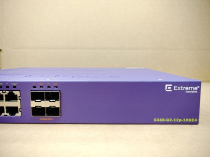 Good Condition! Tested and pulled from a working environment. **NO POWER CORD INCLUDED**Item Specifics: MPN : X440-G2-12p-10GE4UPC : N/AType : Ethernet SwitchForm Factor : Rack-MountableBrand : Extreme NetworksModel : X440-G2-12p-10GE4Network Management Type : Fully ManagedLayer : 3Number of LAN Ports : 12Network Connectivity : Wired-Ethernet (RJ-45)Max. Data Transfer Rate : 1 GbpsEthernet Technology : Gigabit Ethernet (1000-Mbit/s)Network Type : ATA over Ethernet - 3