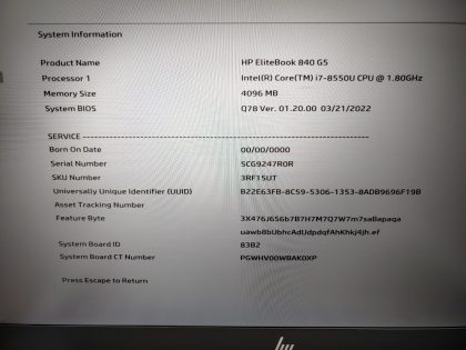 we have added actual images to this listing of the HP EliteBook you would receive. **NO POWER ADAPTER / NO SSD or HDD / NO OS/ NO BATTERY or CABLE**Item Specifics: MPN : EliteBook 840 G5UPC : N/AType : LaptopBrand : HPProduct Line : EliteBookModel : EliteBook 840 G5Operating System : N/AScreen Size : 14-inch w/ Sure View Privacy Integrated ScreenProcessor Type : Intel Core i7-8550U 8th GenProcessor Speed : 1.80GHzGraphics Processing Type : N/AMemory : 4GBHard Drive Capacity : N/A - 5