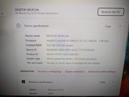 we have added actual images to this listing of the HP ZBook you would receive. Clean install of Windows 11 Pro Operating system. May have some minor scratches/dents/scuffs.[ What is included: HP ZBook + Power Adapter + 30-Day Warranty Included ]Item Specifics: MPN : ZBook Fury 15 G7UPC : N/AType : LaptopBrand : HPProduct Line : ZBook FuryModel : ZBook Fury 15 G7Operating System : Windows 11 Pro x64Screen Size : 15.6-inch FHDProcessor Type : Intel Core i9-10885H 10th GenProcessor Speed : 2.40GHz / 2.40GHzGraphics Processing Type : NVIDIA Quadro T1000 / Intel(R) UHD GraphicsMemory : 32GBHard Drive Capacity : 512GB PCIe NVMe SSD - 3