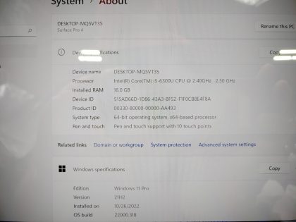 we have added actual images to this listing of the Microsoft Surface you would receive. Clean install of Windows 11 Pro Operating system. May have some minor scratches/dents/scuffs. [ What is included: Microsoft Surface ]Item Specifics: MPN : Surface Pro 4UPC : N/AType : Laptop/TabletBrand : MicrosoftProduct Line : Surface ProModel : Surface Pro 4 / 1724Operating System : Windows 10 Pro x64Screen Size : 12.3-inch TouchscreenProcessor Type : Intel Core i5-6300U 6th GenProcessor Speed : 2.40GHz / 2.50GHzGraphics Processing Type : Intel(R) HD Graphics 520Memory : 16GBHard Drive Capacity : 256GB SSD - 3