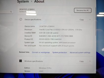 we have added actual images to this listing of the Microsoft Surface you would receive. Clean install of Windows 11 Pro Operating system. May have some minor scratches/dents/scuffs. [ What is included: Microsoft Surface ]Item Specifics: MPN : Surface Pro 7UPC : N/AType : Laptop/TabletBrand : MicrosoftProduct Line : Surface ProModel : Surface Pro 7 / 1866Operating System : Windows 11 Pro x64Screen Size : 12.3-inch TouchscreenProcessor Type : Intel Core i3-1005G1 10th GenProcessor Speed : 1.20GHz/ 1.19GHzGraphics Processing Type : Intel(R) UHD GraphicsMemory : 4GBHard Drive Capacity : 128GB SSD - 3