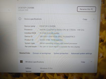 we have added actual images to this listing of the Dell Latitude you would receive. Clean install of Windows 11 Pro Operating system. May have some minor scratches/dents/scuffs. [ What is included: Dell Latitude + Power Adapter + 30-Day Warranty Included ]Item Specifics: MPN : Latitude 5590UPC : N/AType : LaptopBrand : DellProduct Line : LatitudeModel : Latitude 5590Operating System : Windows 11 Pro x64Screen Size : 15.6-inch FHDProcessor Type : Intel Core i5-8350UProcessor Speed : 1.70GHz / 1.90GHzGraphics Processing Type : Intel(R) UHD Graphics 620Memory : 16GBHard Drive Capacity : 256GB M.2 SSD - 3
