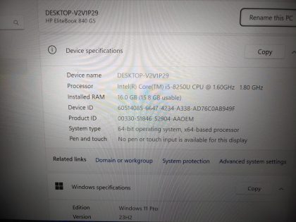 we have added actual images to this listing of the HP EliteBook you would receive. Clean install of Windows 11 Pro Operating system. May have some minor scratches/dents/scuffs.[ What is included: HP EliteBook + Power Adapter + 30-Day Warranty Included ]Item Specifics: MPN : EliteBook 840 G5UPC : N/AType : LaptopBrand : HPProduct Line : EliteBookModel : EliteBook 840 G5Operating System : Windows 11 Pro x64Screen Size : HP Sure View 14" diagonal FHD IPS anti-glareProcessor Type : Intel Core i5-8250U 8th GenProcessor Speed : 1.60GHz / 1.80GHzGraphics Processing Type : Intel(R) UHD Graphics 620Memory : 16GBHard Drive Capacity : 256GB SSD - 3